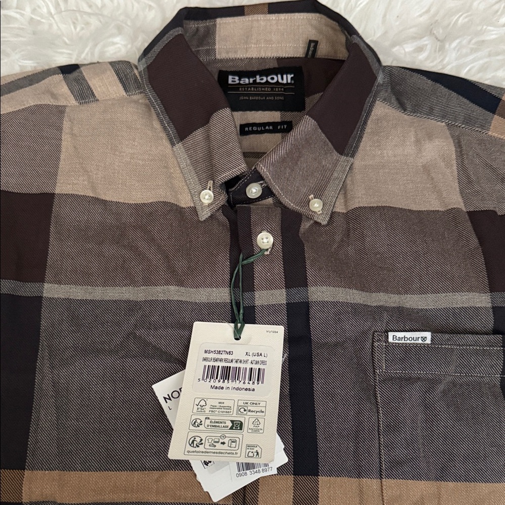 Barbour Men's Brown and Tan Plaid Button-Down Shirt